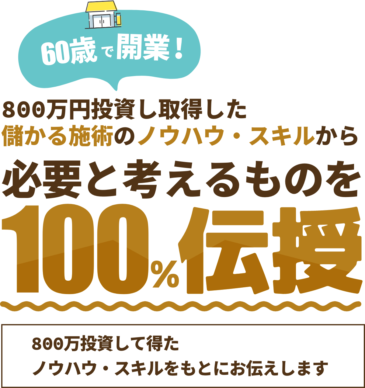 60歳で開業！800万円投資し取得した儲かる施術のノウハウ・スキルから必要と考えるものを100%伝授。800万投資して得たノウハウ・スキルをもとにお伝えします